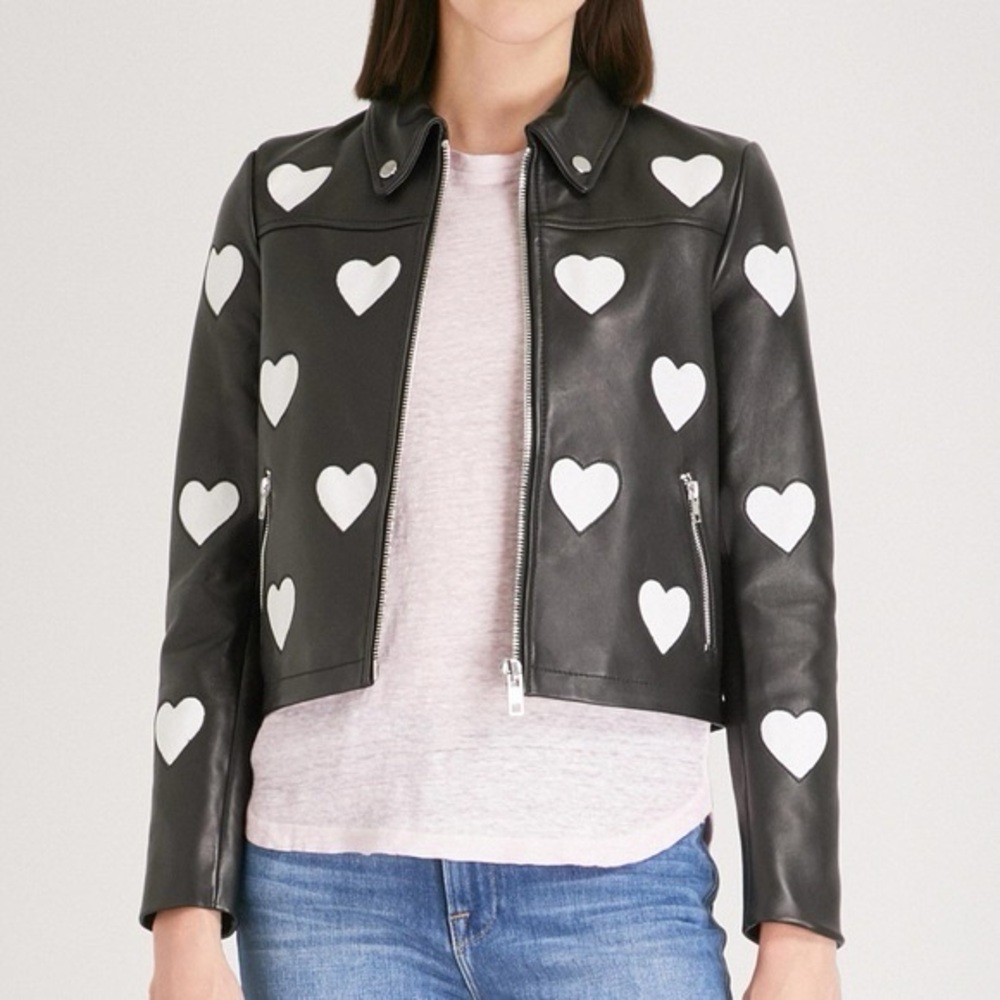 Maje Black Leather Jacket with White Heart Accents - Picture 6 of 6